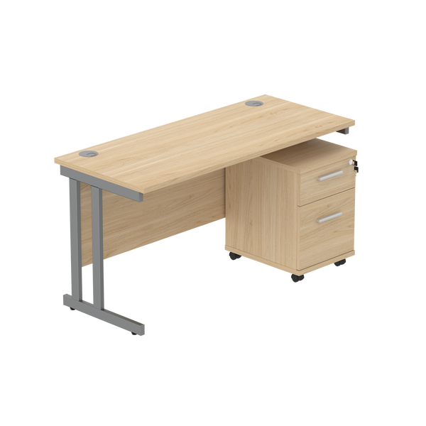 Double Upright Rectangular Desk + 2 Drawer Mobile Under Desk Pedestal (FSC) | 1400X600 | Canadian Oak/Graphite