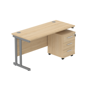 Double Upright Rectangular Desk + 3 Drawer Mobile Under Desk Pedestal (FSC) | 1400X600 | Canadian Oak/Graphite
