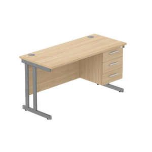 Office Rectangular Desk with Steel Double Upright Cantilever Legs + 3 Drawer Fixed Pedestal (FSC) | 1400X600 | Canadian Oak/Graphite