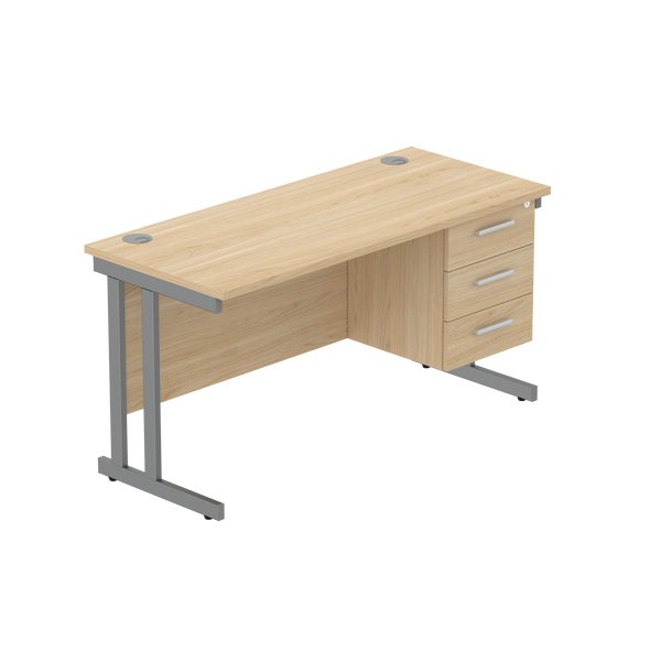 Office Rectangular Desk with Steel Double Upright Cantilever Legs + 3 Drawer Fixed Pedestal (FSC) | 1400X600 | Canadian Oak/Graphite