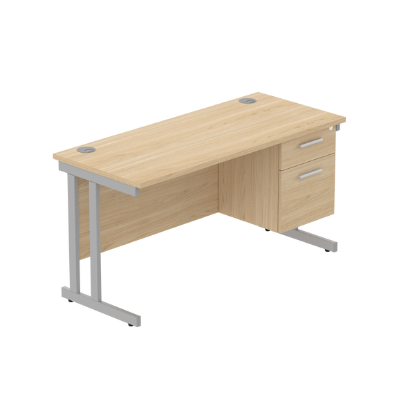 Office Rectangular Desk with Steel Double Upright Cantilever Legs + 2 Drawer Fixed Pedestal (FSC) | 1400X600 | Canadian Oak/Silver