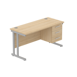 Office Rectangular Desk with Steel Double Upright Cantilever Legs + 3 Drawer Fixed Pedestal (FSC) | 1400X600 | Canadian Oak/Silver