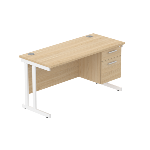 Office Rectangular Desk with Steel Double Upright Cantilever Legs + 2 Drawer Fixed Pedestal (FSC) | 1400X600 | Canadian Oak/White