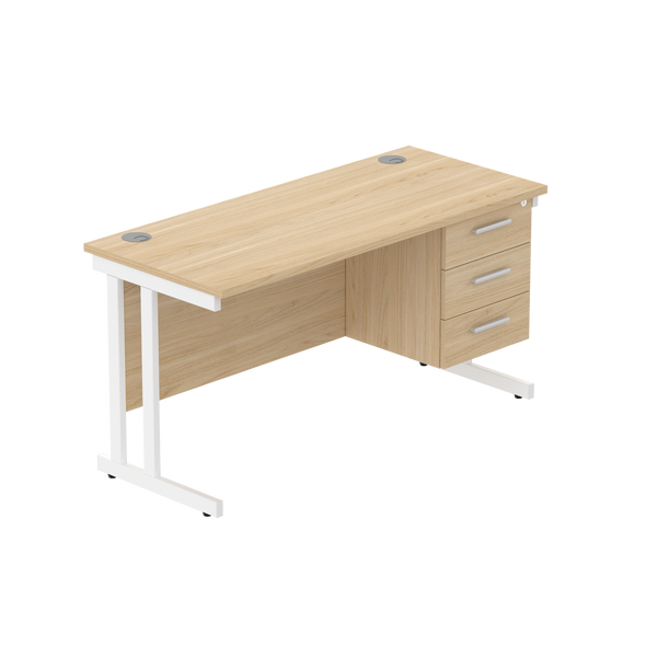 Office Rectangular Desk with Steel Double Upright Cantilever Legs + 3 Drawer Fixed Pedestal (FSC) | 1400X600 | Canadian Oak/White