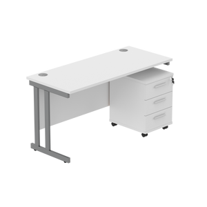 Double Upright Rectangular Desk + 3 Drawer Mobile Under Desk Pedestal (FSC) | 1400X600 | Arctic White/Graphite