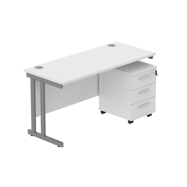 Double Upright Rectangular Desk + 3 Drawer Mobile Under Desk Pedestal (FSC) | 1400X600 | Arctic White/Graphite
