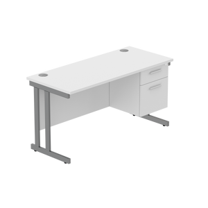 Office Rectangular Desk with Steel Double Upright Cantilever Legs + 2 Drawer Fixed Pedestal (FSC) | 1400X600 | Arctic White/Graphite