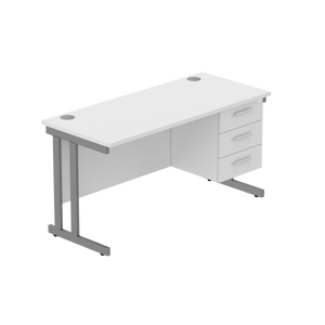 Office Rectangular Desk with Steel Double Upright Cantilever Legs + 3 Drawer Fixed Pedestal (FSC) | 1400X600 | Arctic White/Graphite