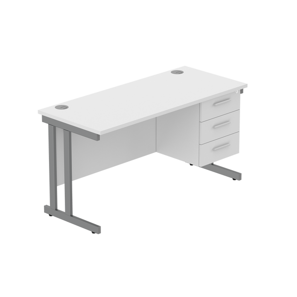 Office Rectangular Desk with Steel Double Upright Cantilever Legs + 3 Drawer Fixed Pedestal (FSC) | 1400X600 | Arctic White/Graphite
