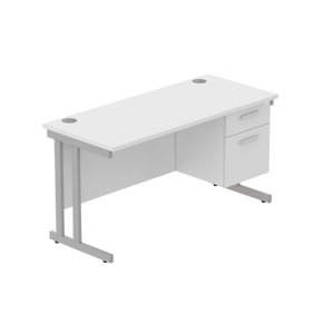 Office Rectangular Desk with Steel Double Upright Cantilever Legs + 2 Drawer Fixed Pedestal (FSC) | 1400X600 | Arctic White/Silver