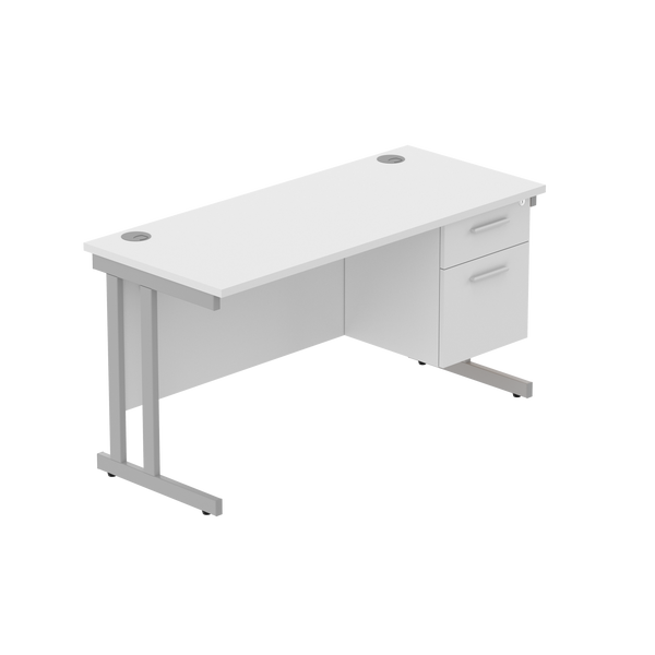 Office Rectangular Desk with Steel Double Upright Cantilever Legs + 2 Drawer Fixed Pedestal (FSC) | 1400X600 | Arctic White/Silver