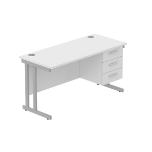 Office Rectangular Desk with Steel Double Upright Cantilever Legs + 3 Drawer Fixed Pedestal (FSC) | 1400X600 | Arctic White/Silver