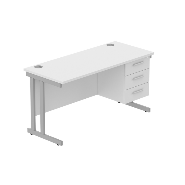 Office Rectangular Desk with Steel Double Upright Cantilever Legs + 3 Drawer Fixed Pedestal (FSC) | 1400X600 | Arctic White/Silver