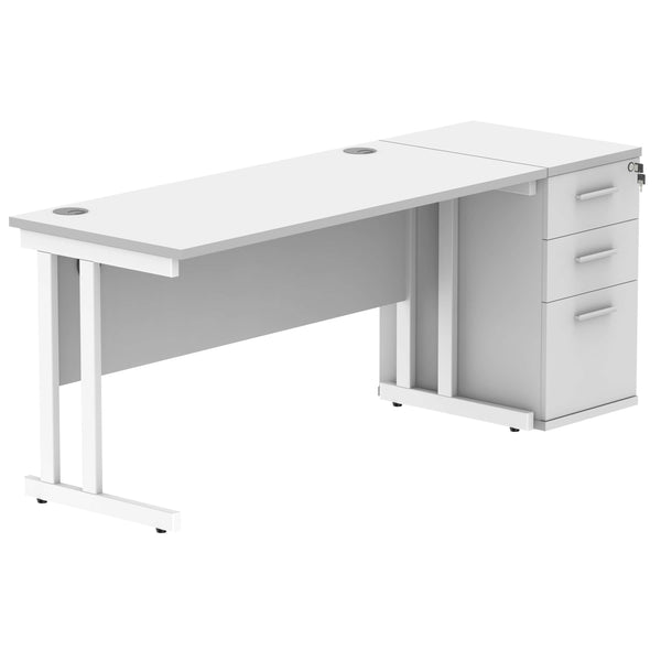 Double Upright Rectangular Desk + Desk High Pedestal (FSC) | 1400X600 | Arctic White/White