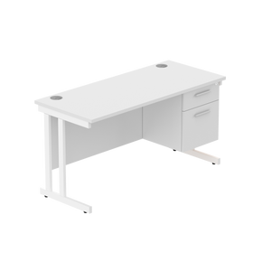 Office Rectangular Desk with Steel Double Upright Cantilever Legs + 2 Drawer Fixed Pedestal (FSC) | 1400X600 | Arctic White/White