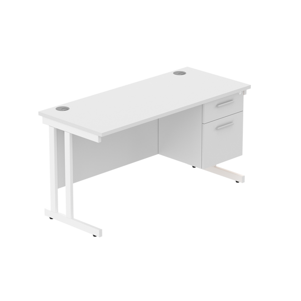 Office Rectangular Desk with Steel Double Upright Cantilever Legs + 2 Drawer Fixed Pedestal (FSC) | 1400X600 | Arctic White/White