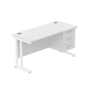 Office Rectangular Desk with Steel Double Upright Cantilever Legs + 3 Drawer Fixed Pedestal (FSC) | 1400X600 | Arctic White/White