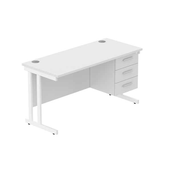 Office Rectangular Desk with Steel Double Upright Cantilever Legs + 3 Drawer Fixed Pedestal (FSC) | 1400X600 | Arctic White/White