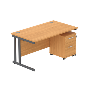 Double Upright Rectangular Desk + 2 Drawer Mobile Under Desk Pedestal (FSC) | 1400X800 | Norwegian Beech/Graphite
