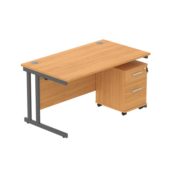 Double Upright Rectangular Desk + 2 Drawer Mobile Under Desk Pedestal (FSC) | 1400X800 | Norwegian Beech/Graphite