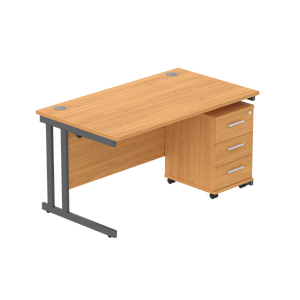 Double Upright Rectangular Desk + 3 Drawer Mobile Under Desk Pedestal (FSC) | 1400X800 | Norwegian Beech/Graphite