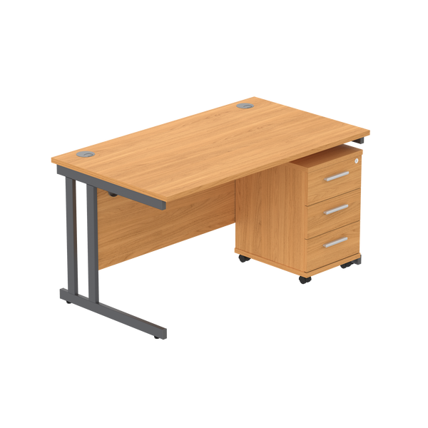 Double Upright Rectangular Desk + 3 Drawer Mobile Under Desk Pedestal (FSC) | 1400X800 | Norwegian Beech/Graphite