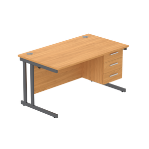 Office Rectangular Desk with Steel Double Upright Cantilever Legs + 3 Drawer Fixed Pedestal (FSC) | 1400X800 | Norwegian Beech/Graphite