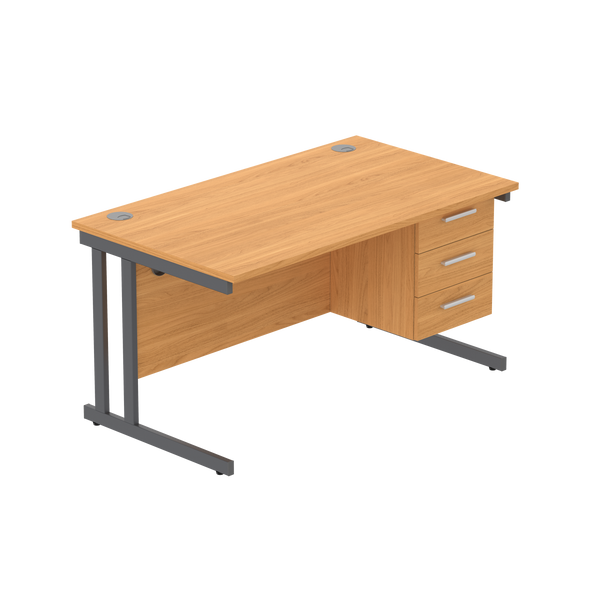 Office Rectangular Desk with Steel Double Upright Cantilever Legs + 3 Drawer Fixed Pedestal (FSC) | 1400X800 | Norwegian Beech/Graphite