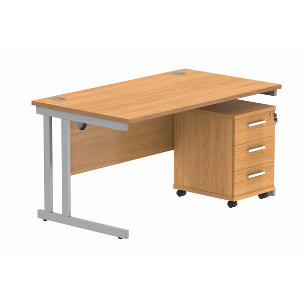 Double Upright Rectangular Desk + 3 Drawer Mobile Under Desk Pedestal (FSC) | 1400X800 | Norwegian Beech/Silver