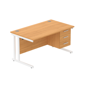 Office Rectangular Desk with Steel Double Upright Cantilever Legs + 3 Drawer Fixed Pedestal (FSC) | 1400X800 | Norwegian Beech/White