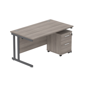 Double Upright Rectangular Desk + 2 Drawer Mobile Under Desk Pedestal (FSC) | 1400X800 | Alaskan Grey Oak/Graphite