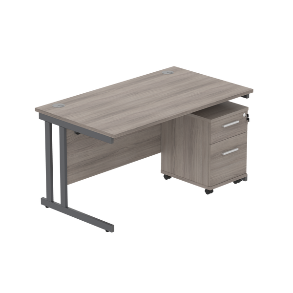 Double Upright Rectangular Desk + 2 Drawer Mobile Under Desk Pedestal (FSC) | 1400X800 | Alaskan Grey Oak/Graphite