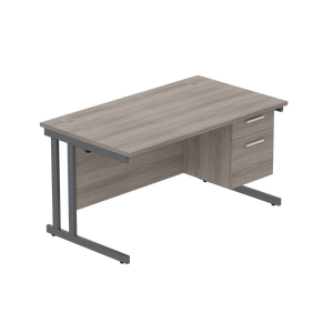 Office Rectangular Desk with Steel Double Upright Cantilever Legs + 2 Drawer Fixed Pedestal (FSC) | 1400X800 | Alaskan Grey Oak/Graphite