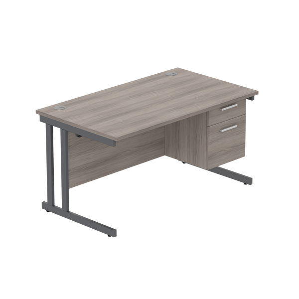 Office Rectangular Desk with Steel Double Upright Cantilever Legs + 2 Drawer Fixed Pedestal (FSC) | 1400X800 | Alaskan Grey Oak/Graphite