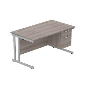 Office Rectangular Desk with Steel Double Upright Cantilever Legs + 2 Drawer Fixed Pedestal (FSC) | 1400X800 | Alaskan Grey Oak/Silver
