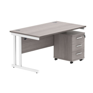 Double Upright Rectangular Desk + 3 Drawer Mobile Under Desk Pedestal (FSC) | 1400X800 | Alaskan Grey Oak/White