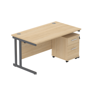 Double Upright Rectangular Desk + 2 Drawer Mobile Under Desk Pedestal (FSC) | 1400X800 | Canadian Oak/Graphite