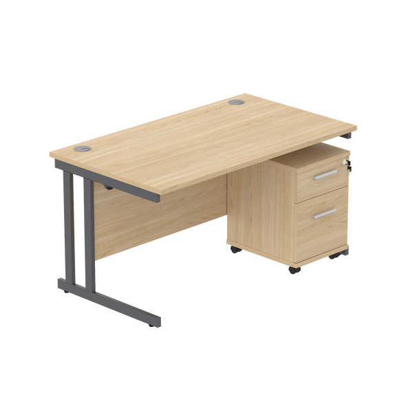 Double Upright Rectangular Desk + 2 Drawer Mobile Under Desk Pedestal (FSC) | 1400X800 | Canadian Oak/Graphite