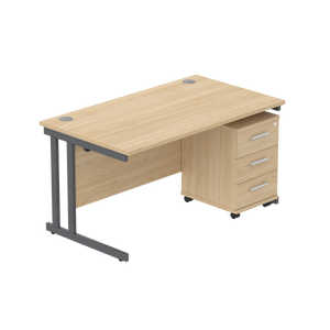 Double Upright Rectangular Desk + 3 Drawer Mobile Under Desk Pedestal (FSC) | 1400X800 | Canadian Oak/Graphite
