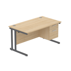 Office Rectangular Desk with Steel Double Upright Cantilever Legs + 2 Drawer Fixed Pedestal (FSC) | 1400X800 | Canadian Oak/Graphite