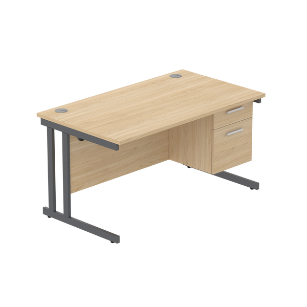 Office Rectangular Desk with Steel Double Upright Cantilever Legs + 2 Drawer Fixed Pedestal (FSC) | 1400X800 | Canadian Oak/Graphite