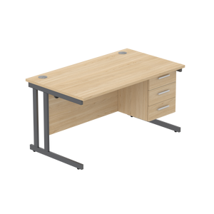 Office Rectangular Desk with Steel Double Upright Cantilever Legs + 3 Drawer Fixed Pedestal (FSC) | 1400X800 | Canadian Oak/Graphite