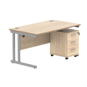 Double Upright Rectangular Desk + 3 Drawer Mobile Under Desk Pedestal (FSC) | 1400X800 | Canadian Oak/Silver