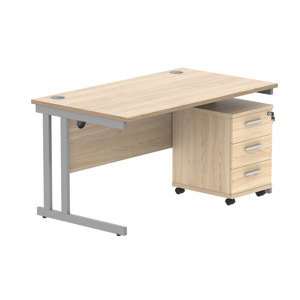 Double Upright Rectangular Desk + 3 Drawer Mobile Under Desk Pedestal (FSC) | 1400X800 | Canadian Oak/Silver