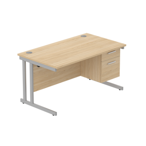 Office Rectangular Desk with Steel Double Upright Cantilever Legs + 2 Drawer Fixed Pedestal (FSC) | 1400X800 | Canadian Oak/Silver