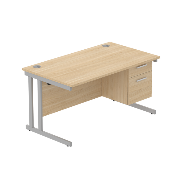 Office Rectangular Desk with Steel Double Upright Cantilever Legs + 2 Drawer Fixed Pedestal (FSC) | 1400X800 | Canadian Oak/Silver