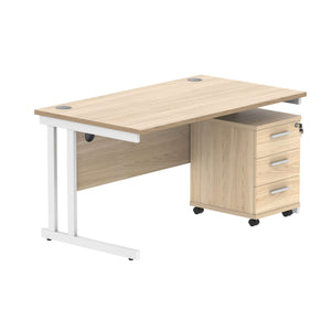 Double Upright Rectangular Desk + 3 Drawer Mobile Under Desk Pedestal (FSC) | 1400X800 | Canadian Oak/White