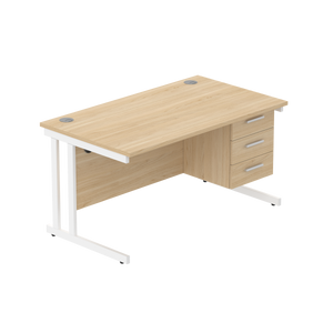 Office Rectangular Desk with Steel Double Upright Cantilever Legs + 3 Drawer Fixed Pedestal (FSC) | 1400X800 | Canadian Oak/White