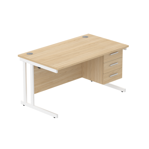 Office Rectangular Desk with Steel Double Upright Cantilever Legs + 3 Drawer Fixed Pedestal (FSC) | 1400X800 | Canadian Oak/White