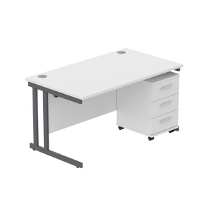 Double Upright Rectangular Desk + 3 Drawer Mobile Under Desk Pedestal (FSC) | 1400X800 | Arctic White/Graphite